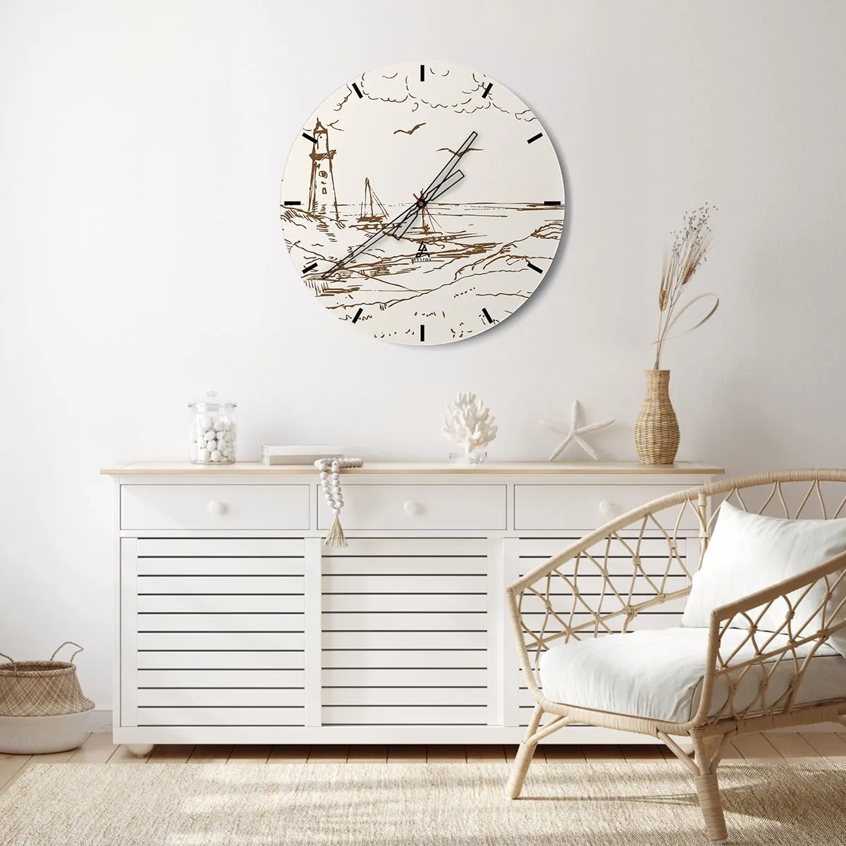 Vægur, Uret - Illustration af et fyrtårn med en sejlbåd og fugle mod himlen - 30x30cm - Oversigt over sommerminder - Moderne vægdekoration til stue, køkken og soveværelse ARTTOR