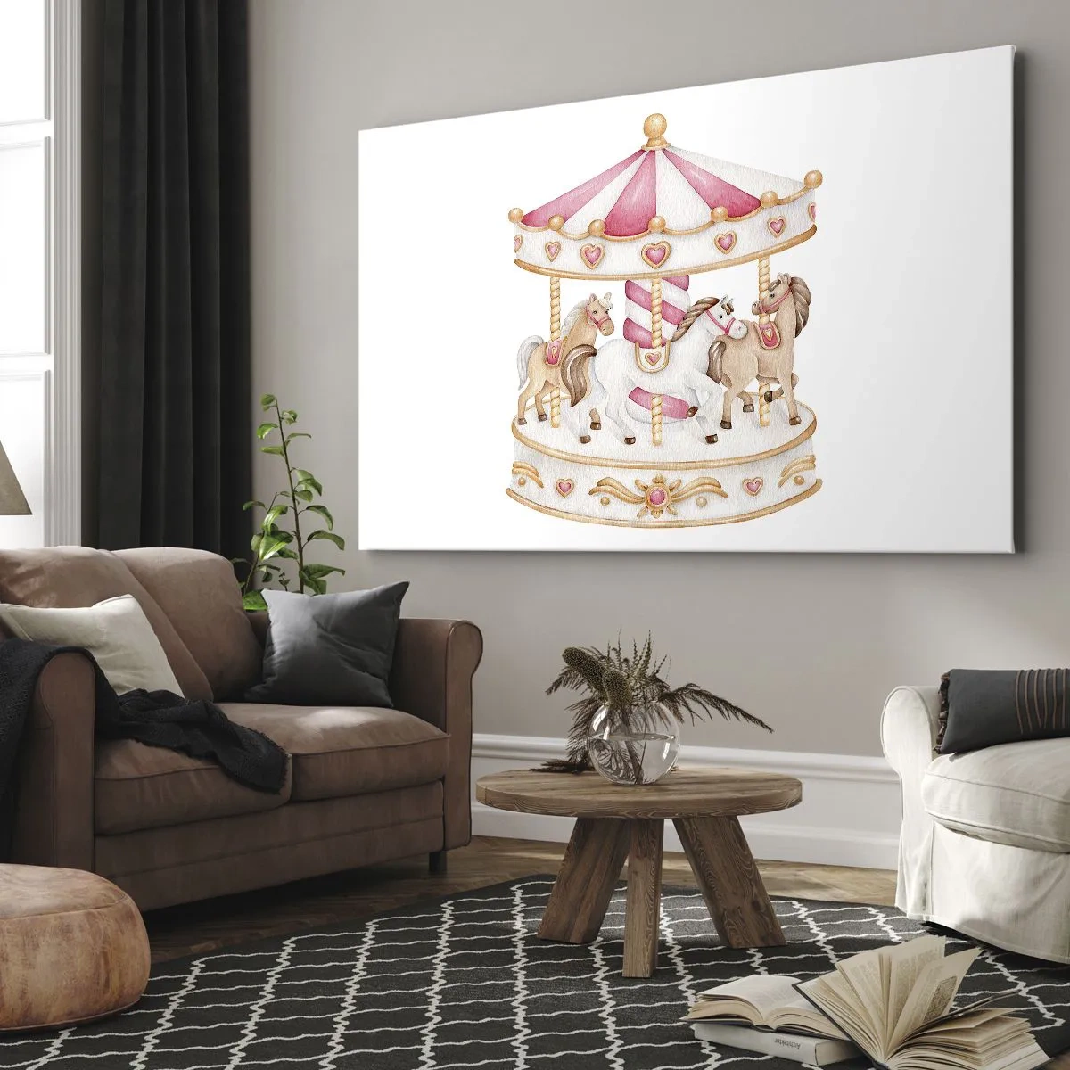 Lærredstryk - Billede på lærred - Farverig vintage karrusel med heste - 70x50cm - Barndommens søde verden - Moderne vægdekoration til stue og soveværelse ARTTOR