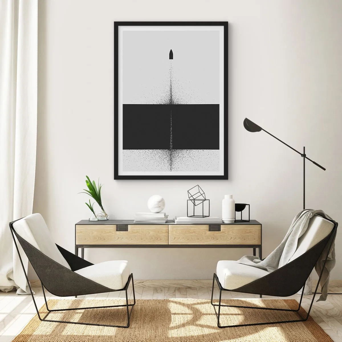 Plakat i sort ramme - Minimalistisk abstraktion med en raket på en delt baggrund - 50x70cm - Lige til sagen - Moderne vægdekoration til stue og soveværelse ARTTOR
