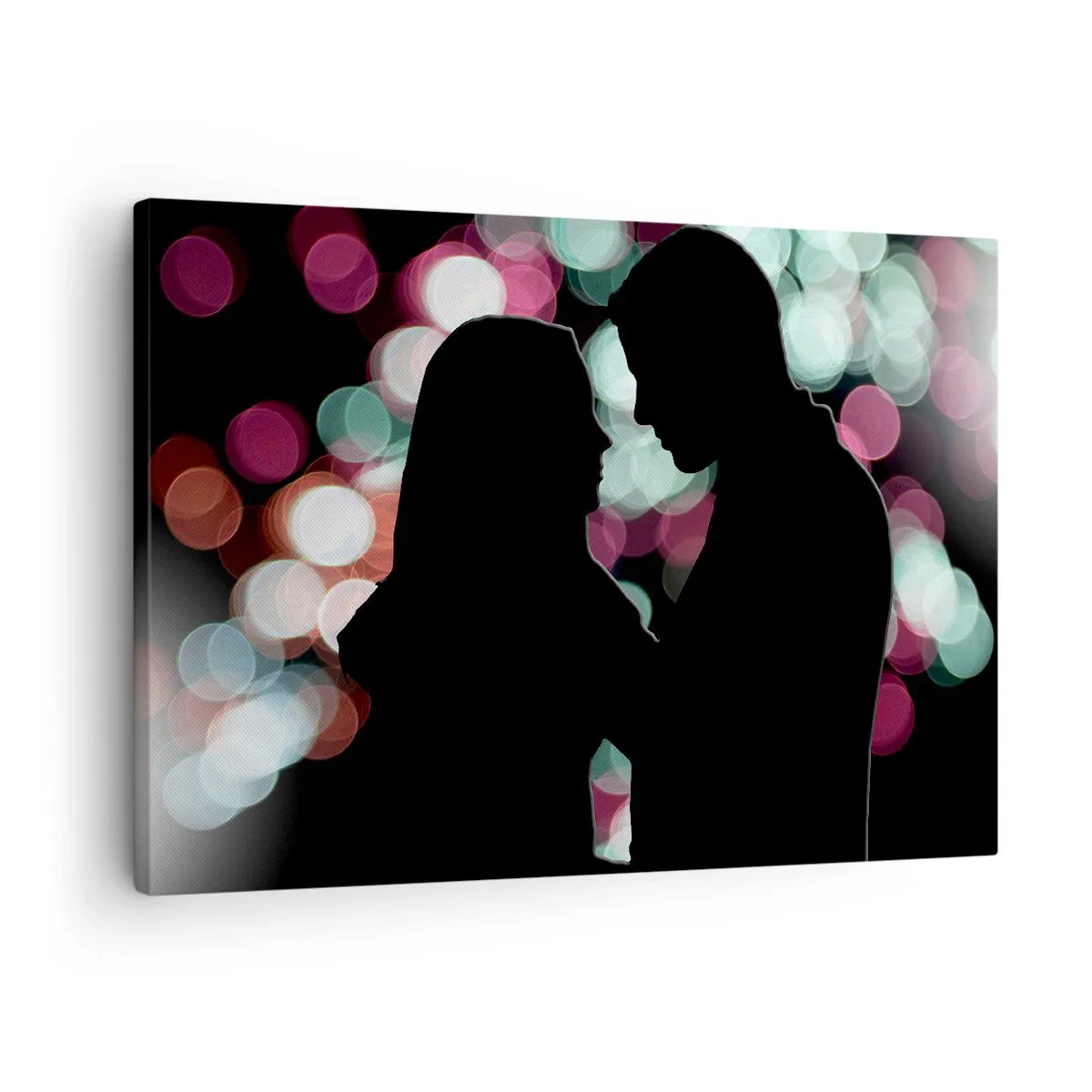 Lærredstryk - Billede på lærred - Silhuetter af et par mod en baggrund af farverige bokeh-lys - 70x50cm - Ja! - Moderne vægdekoration til stue og soveværelse ARTTOR