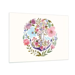Billede på glas - Et anker omgivet af farverige akvarelblomster - 70x50cm - En sømands gode nattesøvn - Moderne vægdekoration til stue og soveværelse ARTTOR