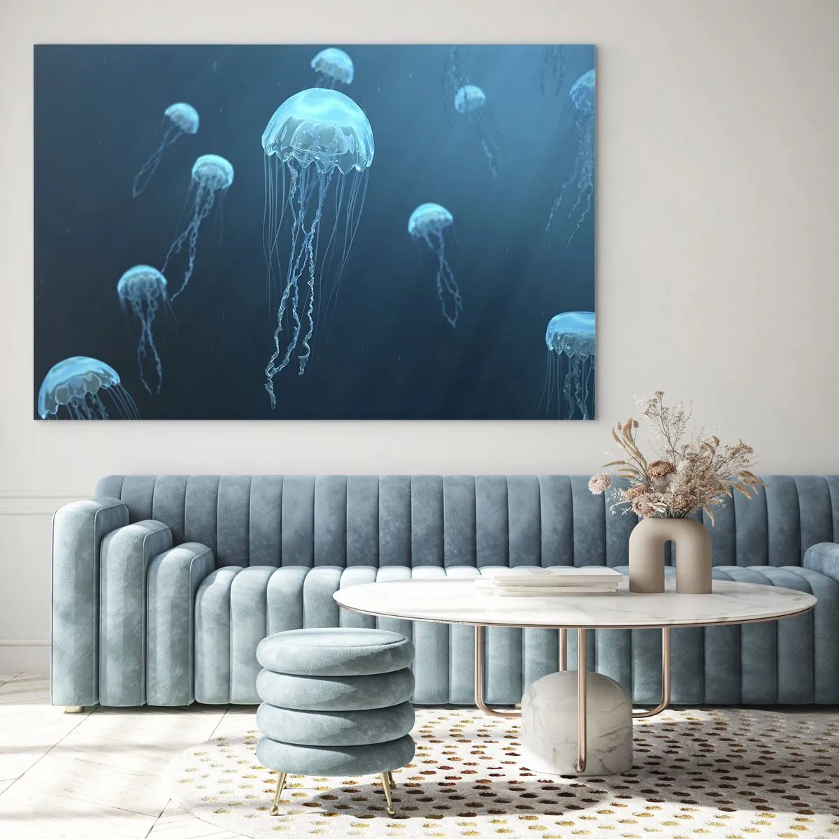 Billede på glas - Vandmænd flyder i det dybblå hav - 70x50cm - Havets dans - Moderne vægdekoration til stue og soveværelse ARTTOR