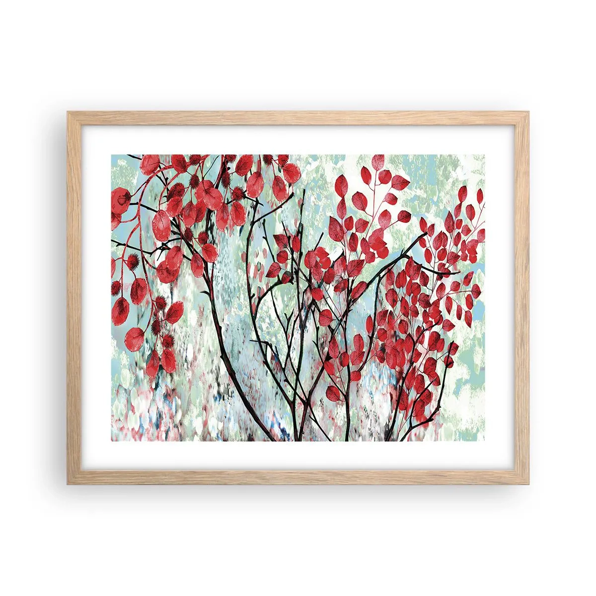 Plakat i ramme af lyst egetræ - Træ i skarlagenrødt - 50x40 cm