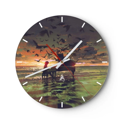 Vægur, Uret - En pianist spiller mod en solnedgangs baggrund - 30x30cm - Koncert for klaver og bølger - Moderne vægdekoration til stue, køkken og soveværelse ARTTOR