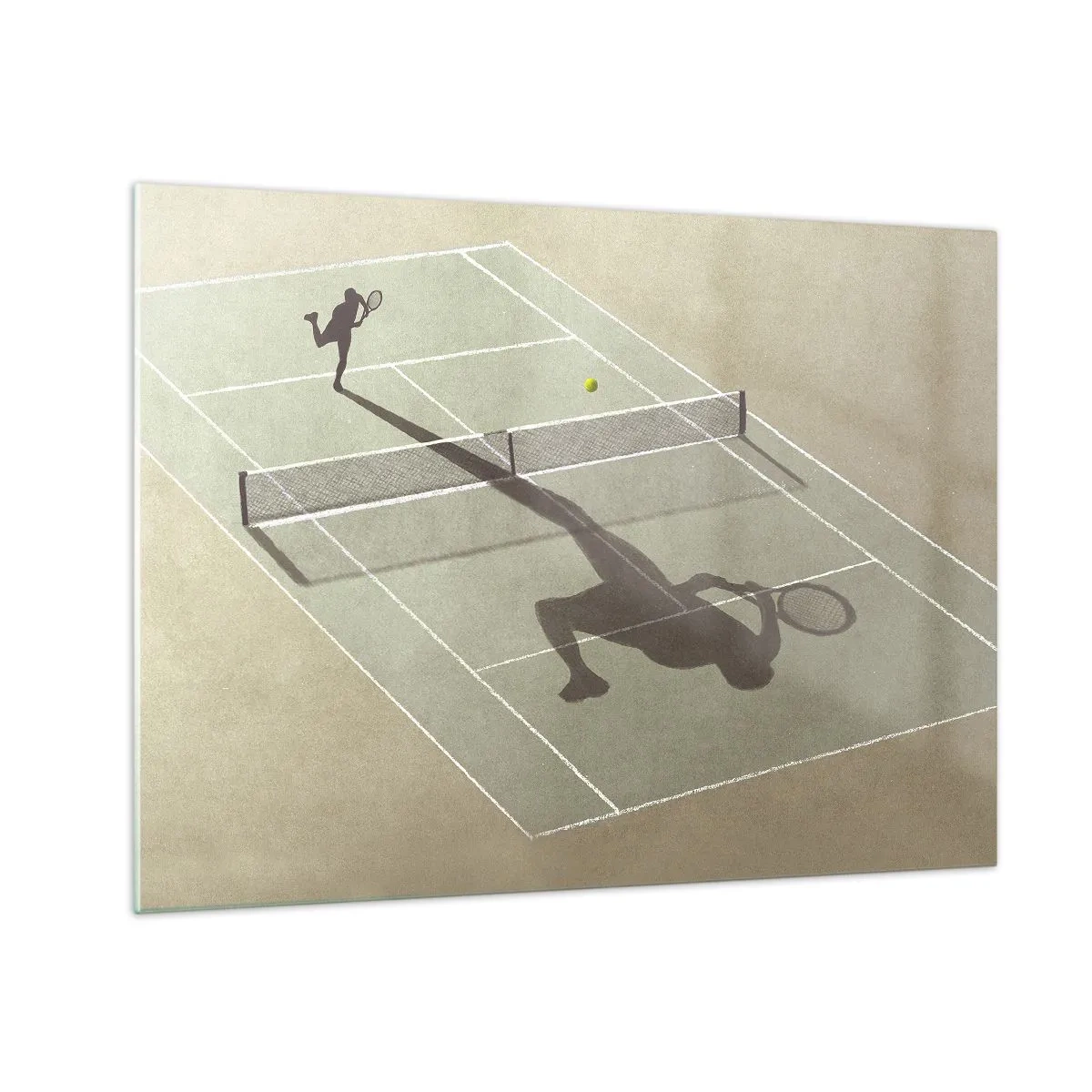 Billede på glas - Figuren af en tennisspiller og hans skygge på banen under en serv - 70x50cm - Overvind dig selv - Moderne vægdekoration til stue og soveværelse ARTTOR
