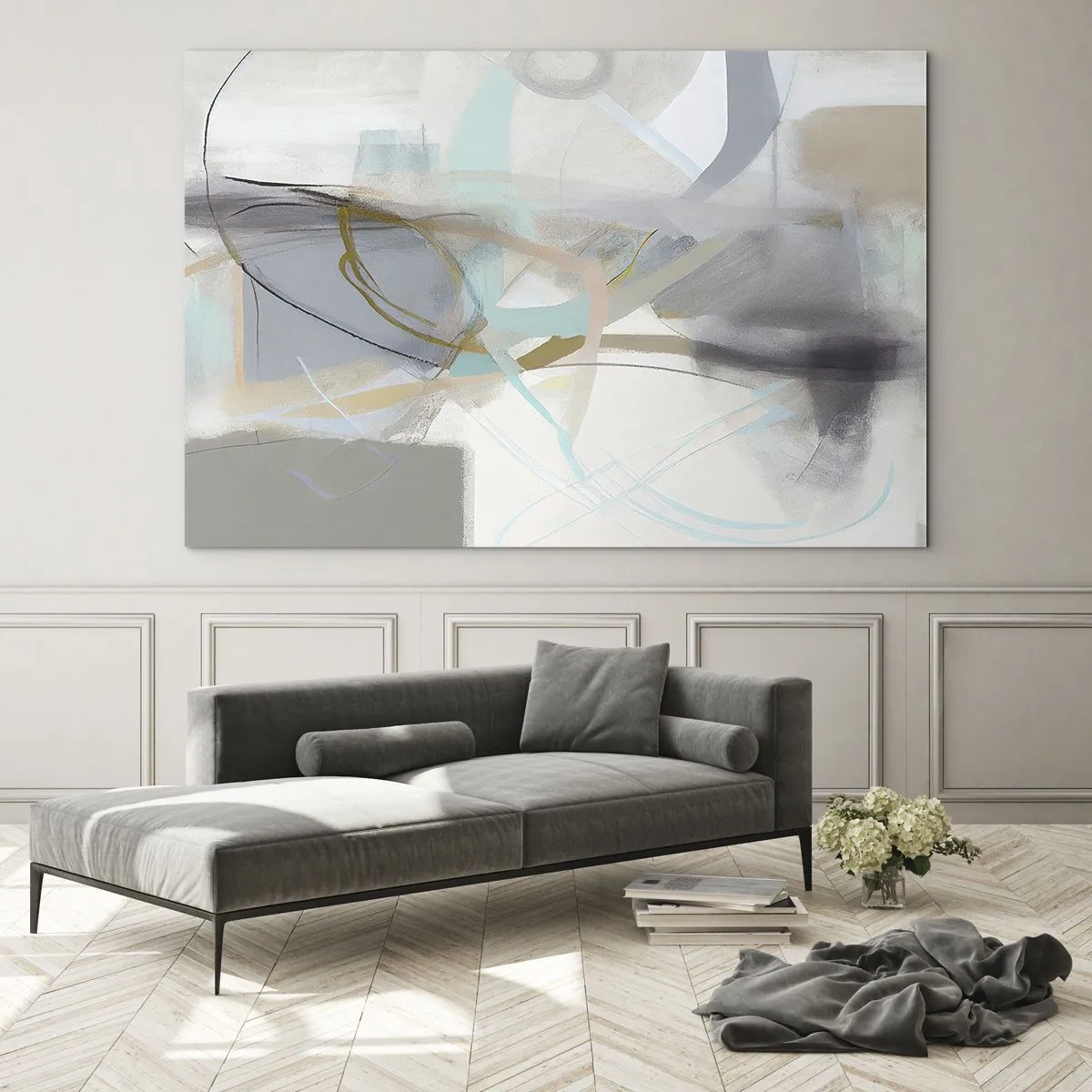 Billede på glas - En diset abstraktion med pastel- og grafitaccenter. - 70x50cm - Tågeagtig abstraktion - Moderne vægdekoration til stue og soveværelse ARTTOR