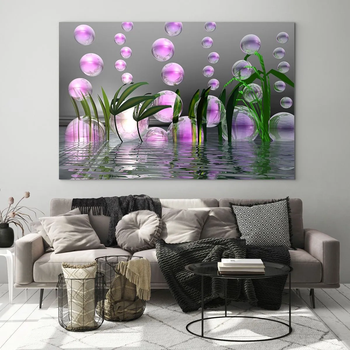 Billede på glas - Lilla bobler flyder over vandet med planter - 70x50cm - En reflekterende komposition af lethed og liv - Moderne vægdekoration til stue og soveværelse ARTTOR