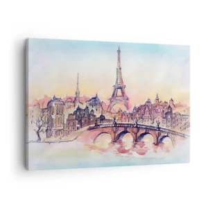 Lærredstryk - Billede på lærred - Akvarelpanorama af Paris med Eiffeltårnet ved solnedgang - 70x50cm - Den eneste by af sin art i verden - Moderne vægdekoration til stue og soveværelse ARTTOR