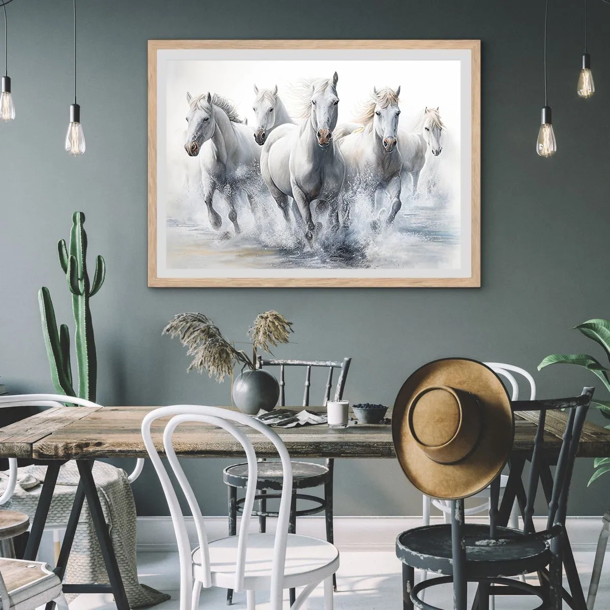 Plakat i ramme af lyst egetræ - Hvid magi - 100x70 cm