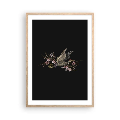 Plakat i ramme af lyst egetræ - Eksotisk broderet fugl - 50x70 cm