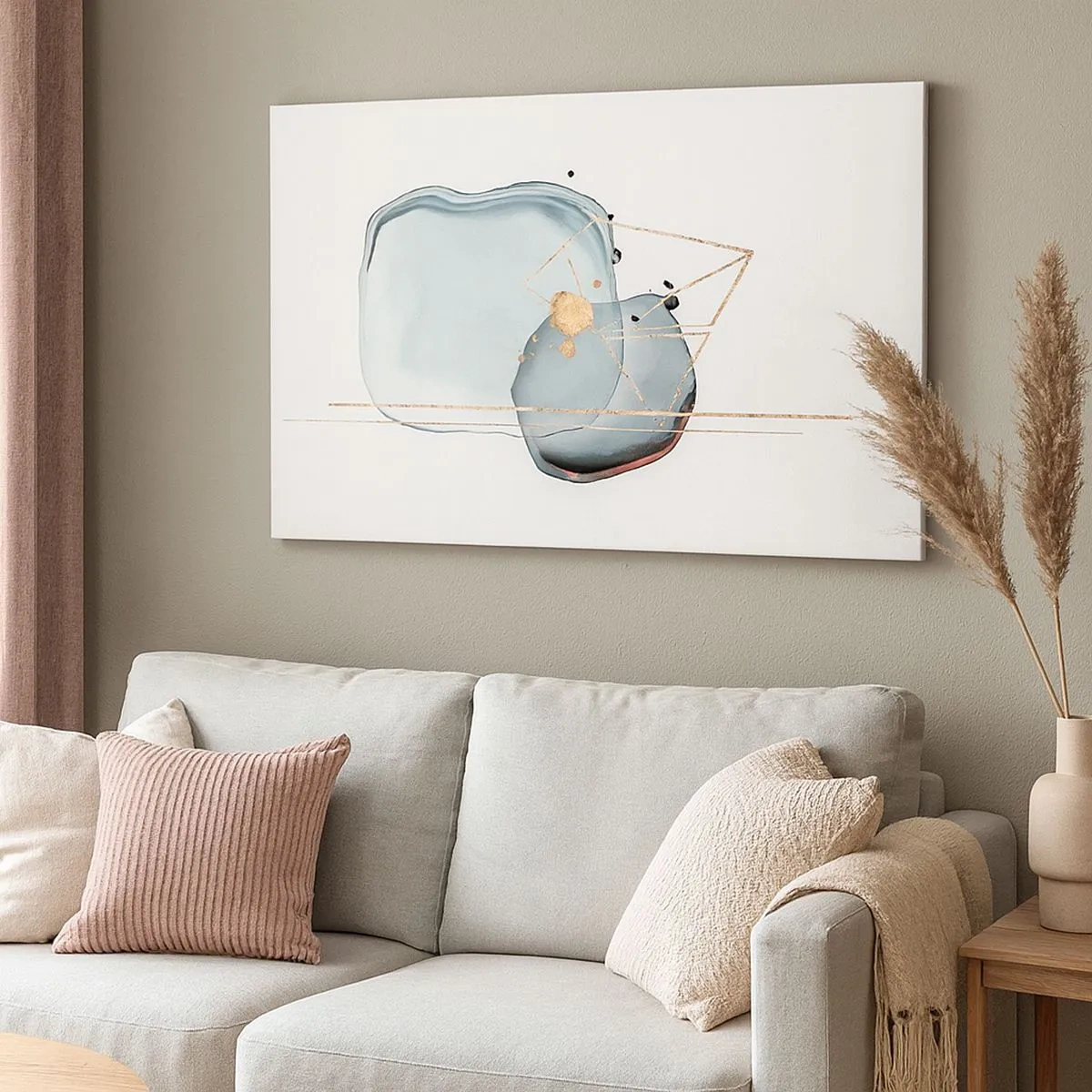 Lærredstryk - Billede på lærred - Abstrakte former i nuancer af blå og guld på en hvid baggrund - 70x50cm - En undersøgelse af dråber - Moderne vægdekoration til stue og soveværelse ARTTOR