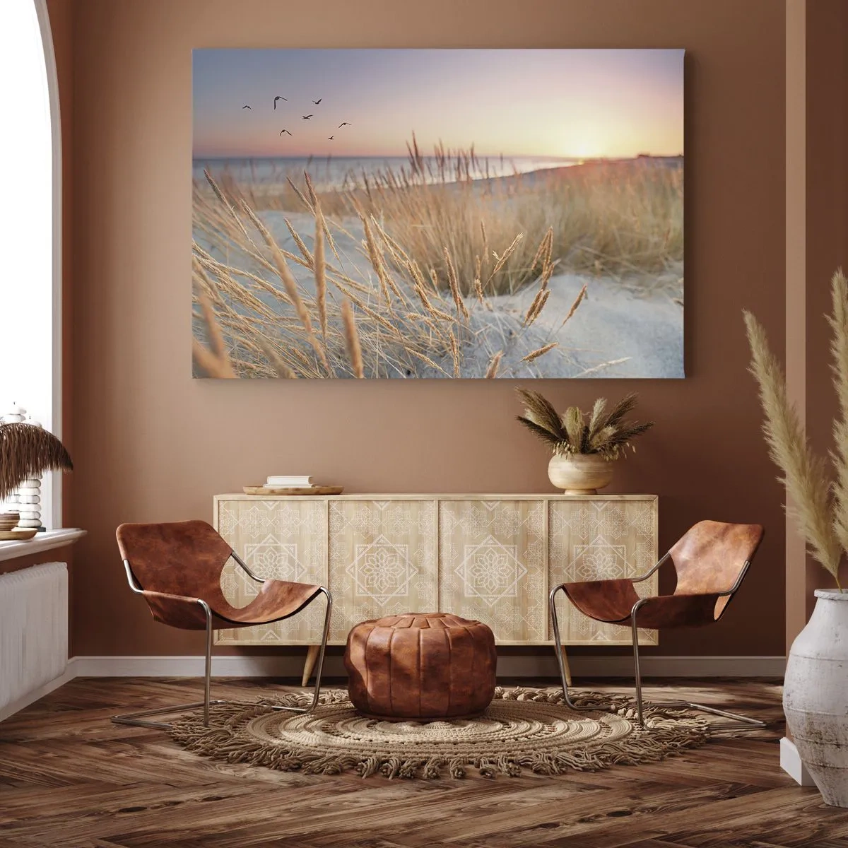 Lærredstryk - Billede på lærred - Solnedgangsstrand med højt græs - 70x50cm - Baltisk vuggevise - Moderne vægdekoration til stue og soveværelse ARTTOR