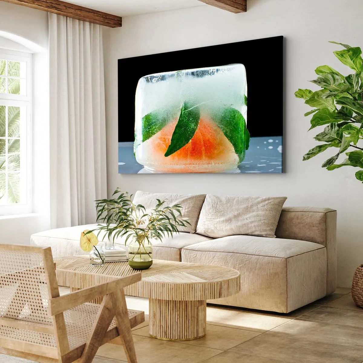 Lærredstryk - Billede på lærred - Isterning med appelsin og blade - 70x50cm - Frisk og kølig - Moderne vægdekoration til stue og soveværelse ARTTOR