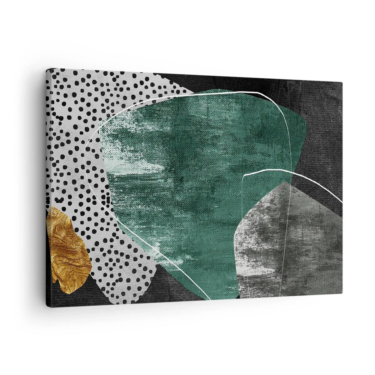Lærredstryk - Billede på lærred - Abstrakt komposition med grønne former og prikmønstre - 70x50cm - Farverig abstraktion med en guldflager - Moderne vægdekoration til stue og soveværelse ARTTOR
