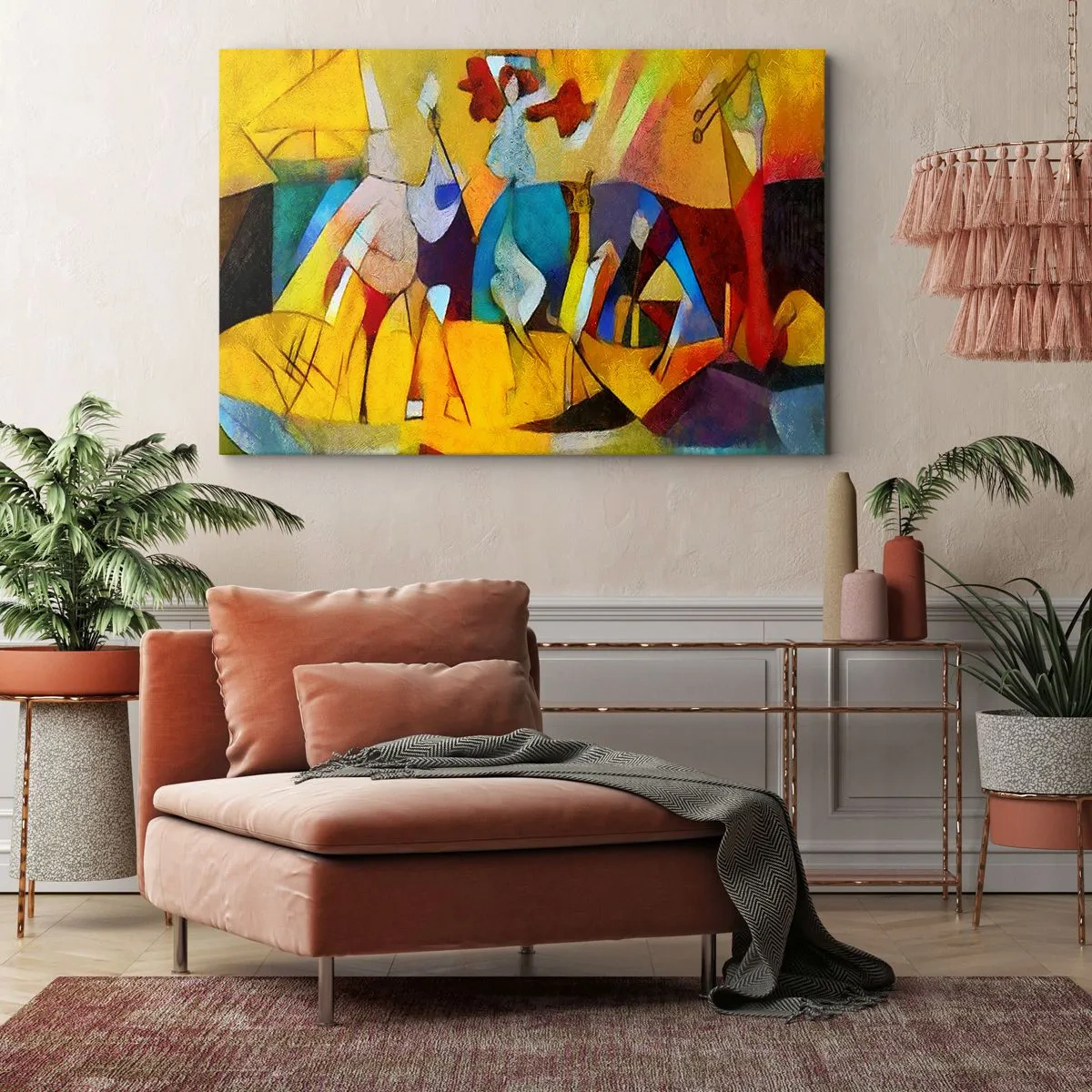 Lærredstryk - Billede på lærred - En farverig abstraktion, der skildrer figurer i en geometrisk form - 70x50cm - Sol - liv - glæde - Moderne vægdekoration til stue og soveværelse ARTTOR