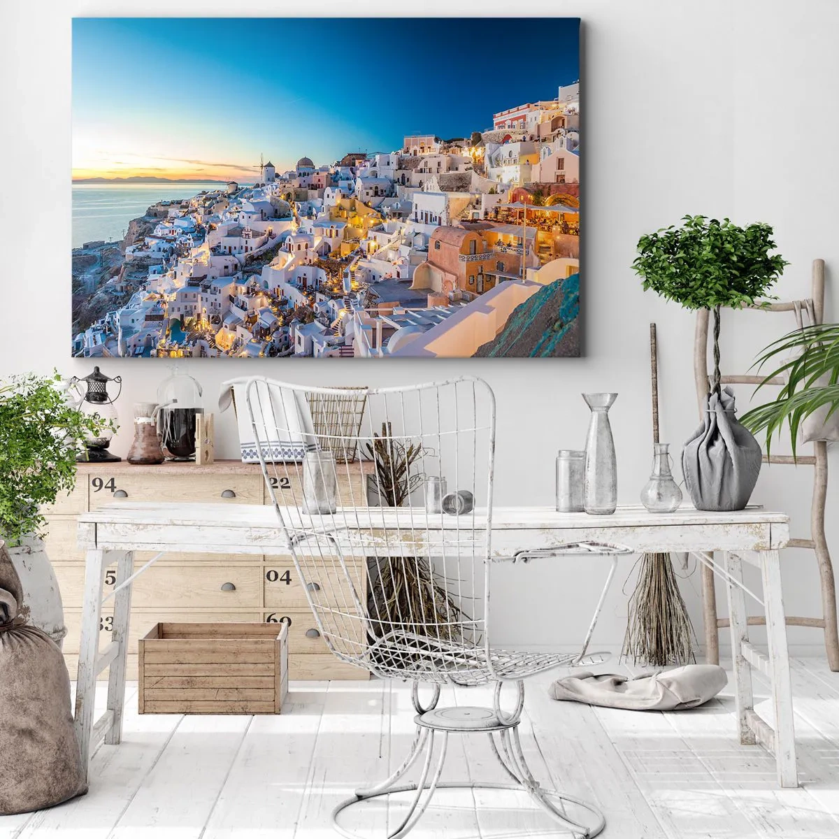 Lærredstryk - Billede på lærred - Udsigt over en græsk by ved solnedgang - 70x50cm - Essensen af græskhed - Moderne vægdekoration til stue og soveværelse ARTTOR