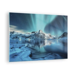 Billede på glas - Aurora Borealis over de snedækkede bjerge - 70x50cm - Nat med lys - Moderne vægdekoration til stue og soveværelse ARTTOR