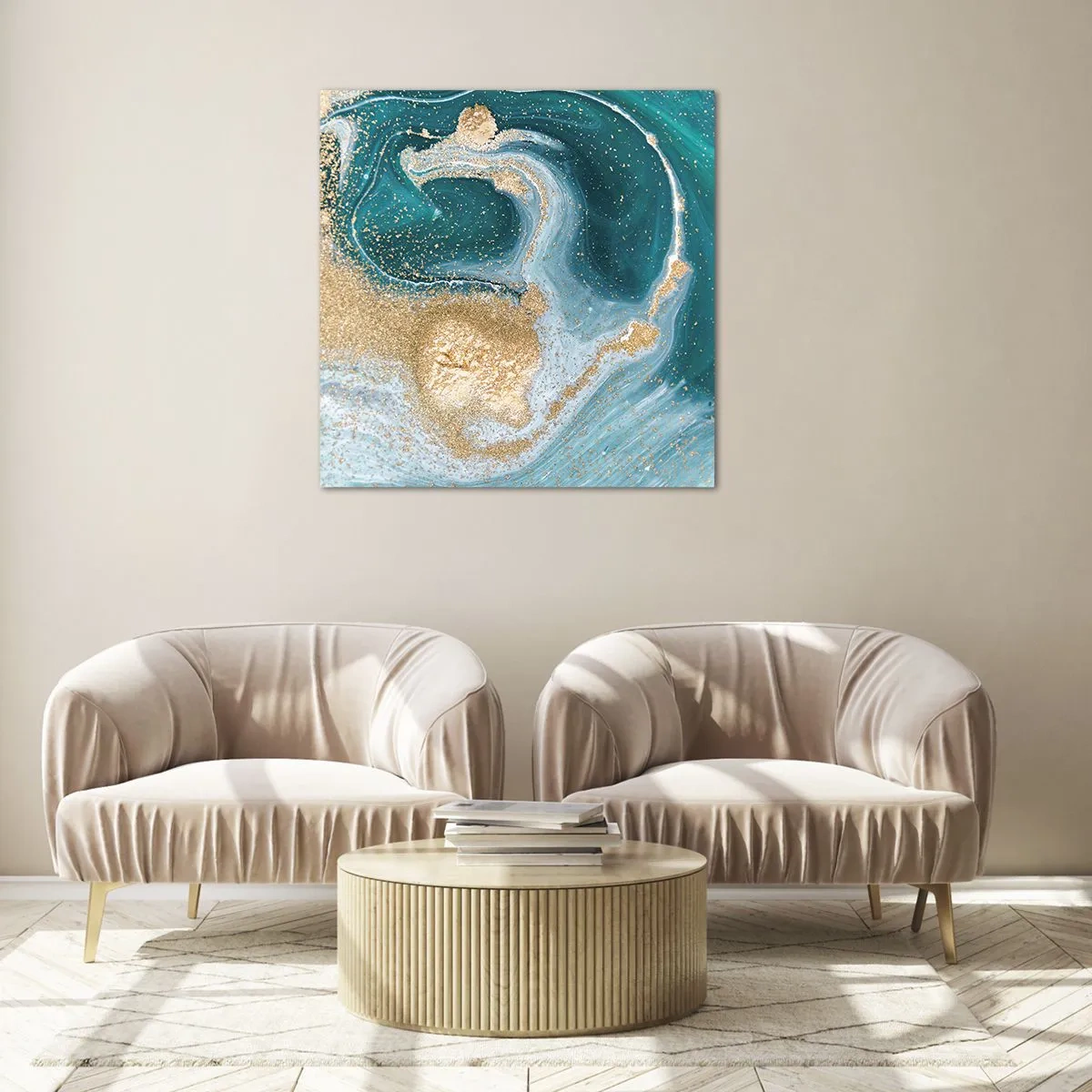 Billede på glas - En hvirvel af guld og turkis - 50x50 cm