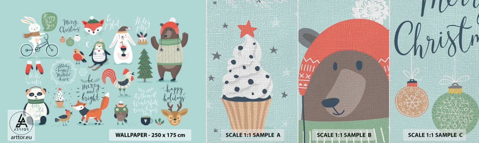 Prøve Fototapet Premium Canvas - Må det altid være jul allerede nu! - For børn, Vinter, Glade dyr - 100x30 cm