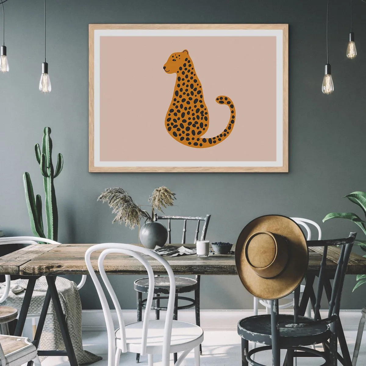 Plakat i ramme af lyst egetræ - Leopardprint er et moderigtigt mønster - 70x50 cm