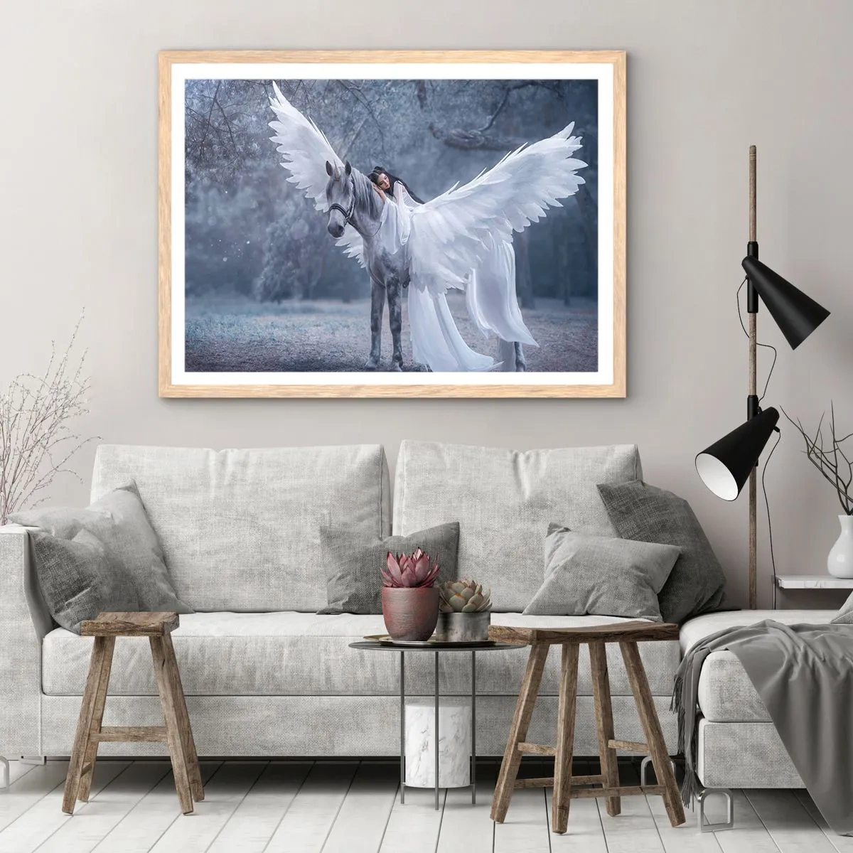 Plakat i ramme af lyst egetræ - Inspireret øjeblik - 70x50 cm