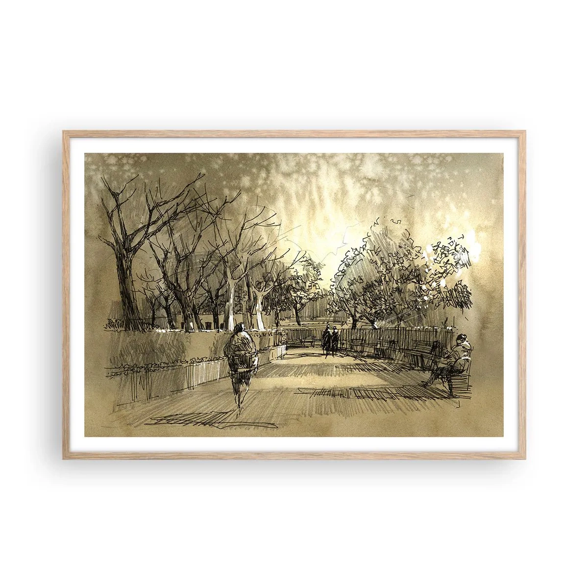 Plakat i ramme af lyst egetræ - Et øjeblik med fjer - 100x70 cm