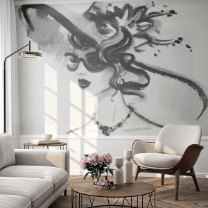 Fototapet Premium Sand - Dame med karakter - Kvinde i en hat, Kvindens ansigt, Sort og hvid - 350x256 cm