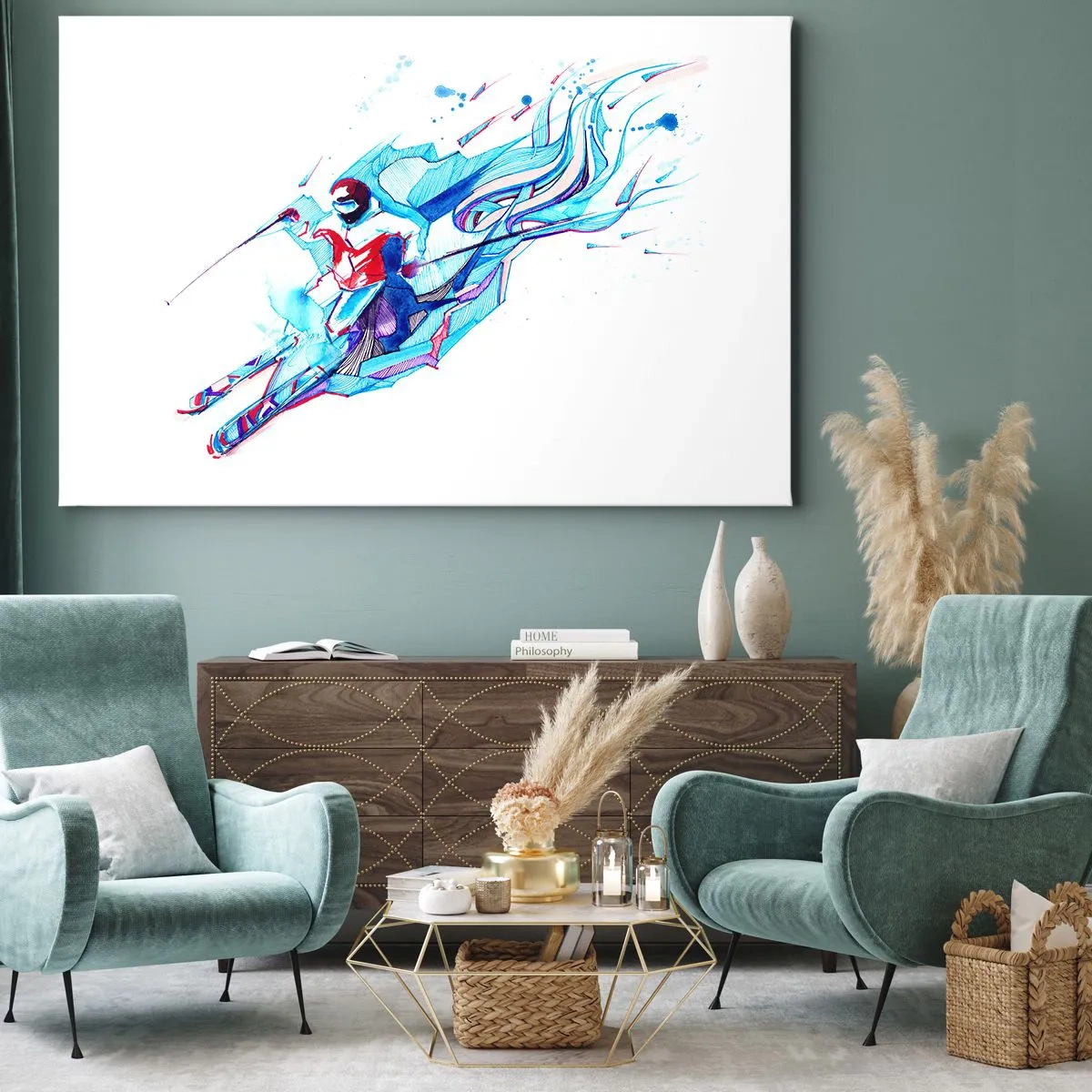 Lærredstryk - Billede på lærred - Abstrakt rytter i dynamiske farver - 70x50cm - Den vanvittige jagt på glæde - Moderne vægdekoration til stue og soveværelse ARTTOR