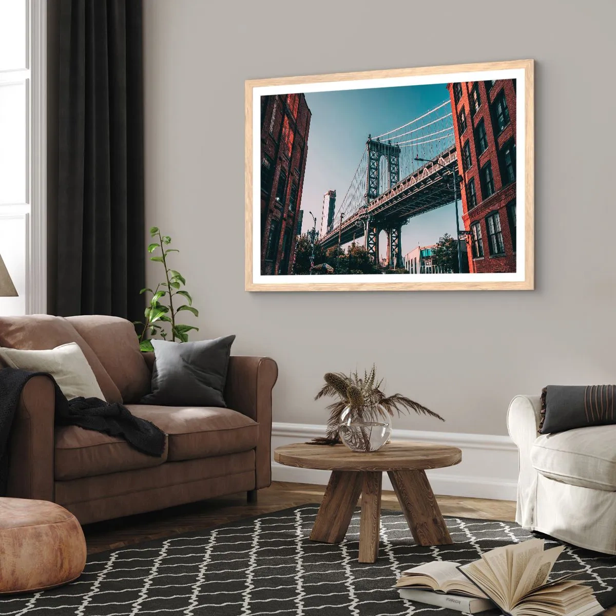 Plakat i ramme af lyst egetræ - Over byens bølger - 91x61 cm