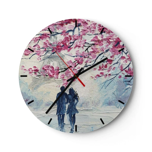 Vægur, Uret - Et romantisk billede af et par under blomstrende lyserøde træer - 30x30cm - Romantisk gåtur - Moderne vægdekoration til stue, køkken og soveværelse ARTTOR