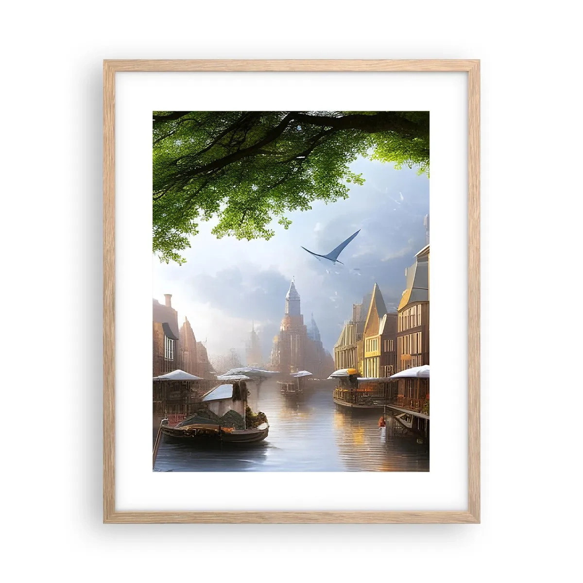 Plakat i ramme af lyst egetræ - Hollandsk bybillede - 40x50 cm