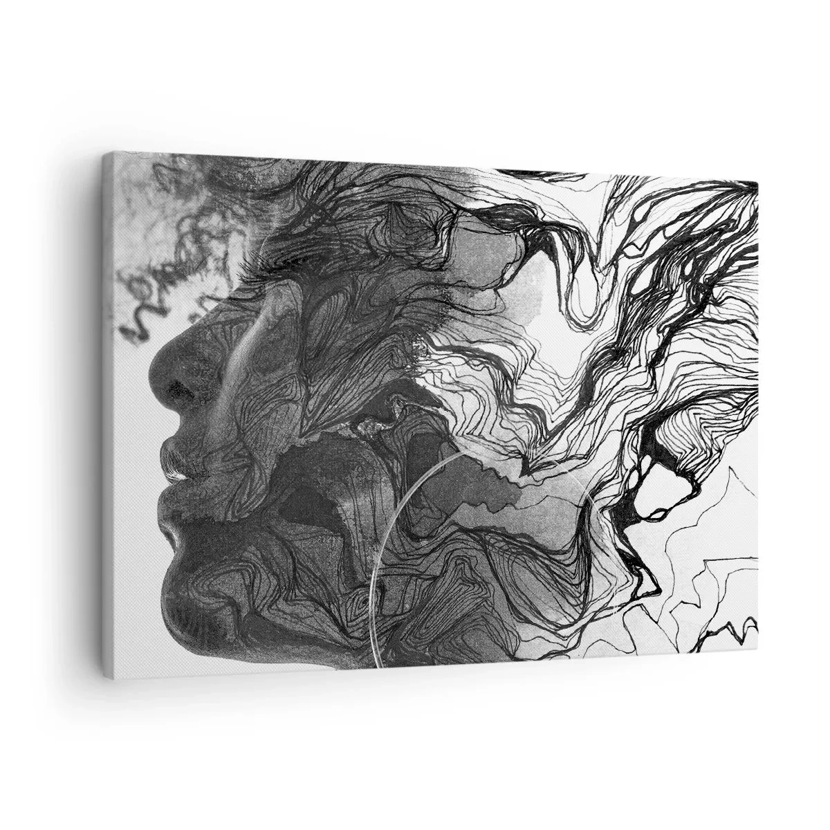 Lærredstryk - Billede på lærred - Abstrakt ansigt i sort-hvid med dynamiske linjer. - 70x50cm - Forviklet i drømme - Moderne vægdekoration til stue og soveværelse ARTTOR