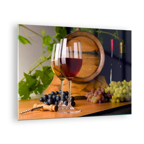 Billede på glas - Glas vin, druer og en tønde mod en baggrund af vinblade - 70x50cm - Som de gamle mestre - Moderne vægdekoration til stue og soveværelse ARTTOR