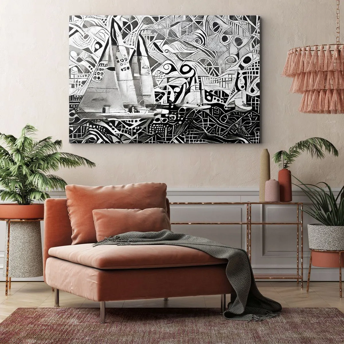 Lærredstryk - Billede på lærred - Abstrakte sejlbåde i en monokromatisk komposition - 70x50cm - Mellem bølgerne - Moderne vægdekoration til stue og soveværelse ARTTOR