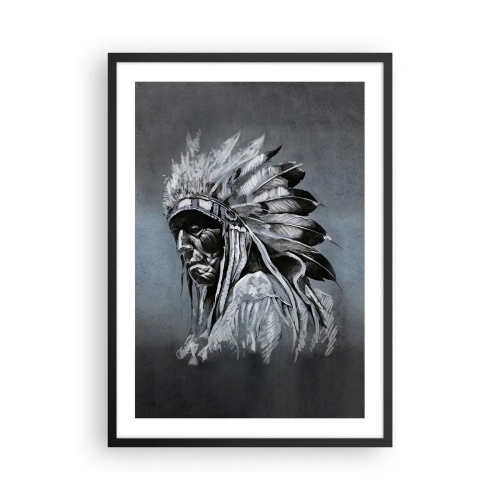 Plakat i sort ramme - Portræt af en indisk høvding i en fjerhovedbeklædning mod en grå baggrund - 50x70cm - Tilbage til rødderne - Moderne vægdekoration til stue og soveværelse ARTTOR