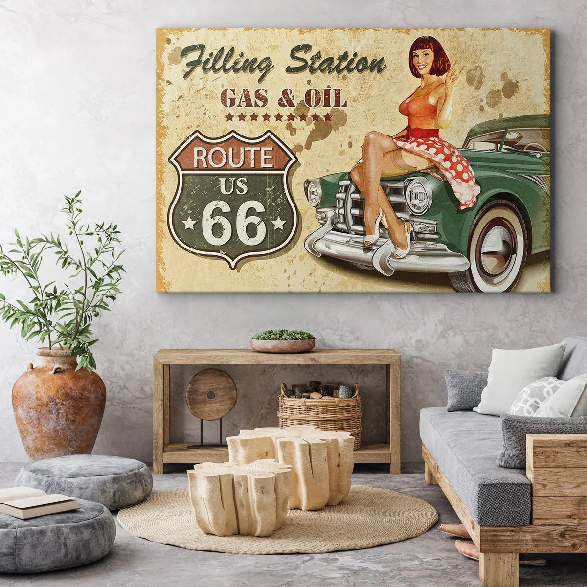 Lærredstryk - Billede på lærred - Retro Route 66-plakat med pin-up pige og bil - 70x50cm - De glorværdige 1940'ere. - Moderne vægdekoration til stue og soveværelse ARTTOR