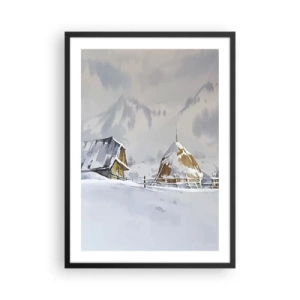 Plakat i sort ramme - Vinterlandskab med et sommerhus og en høstak i bjergene - 50x70cm - I en sneklædt dal - Moderne vægdekoration til stue og soveværelse ARTTOR