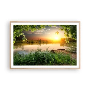 Plakat i ramme af lyst egetræ - Landskab i en grøn ramme - 91x61 cm