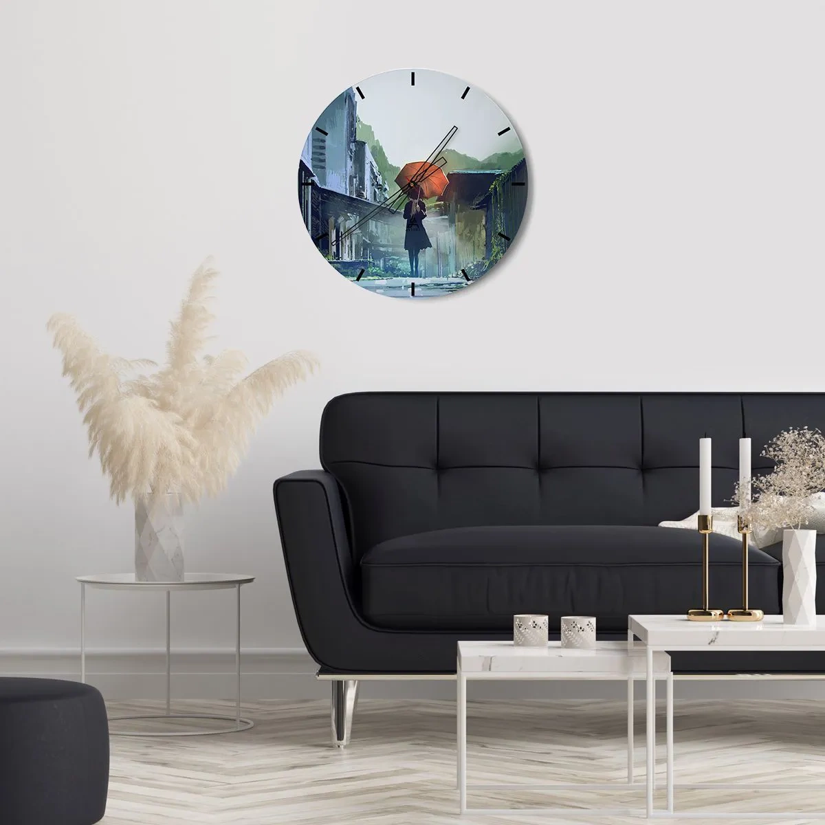 Vægur, Uret - En figur med en paraply på en regnfuld gade - 30x30cm - Revitaliserende regn - Moderne vægdekoration til stue, køkken og soveværelse ARTTOR