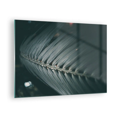 Billede på glas - Nærbillede af et mørkegrønt palmeblad med lysrefleksion - 70x50cm - Naturens præcision - Moderne vægdekoration til stue og soveværelse ARTTOR