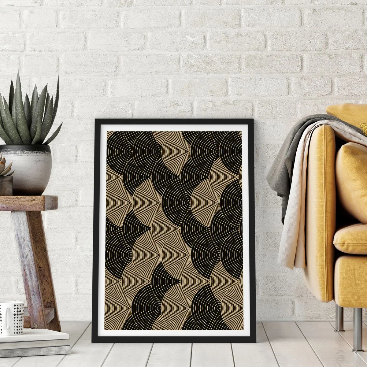 Plakat i sort ramme - Abstrakt mønster i sorte og gyldne cirkler - 50x70cm - Enhed i mangfoldighed - Moderne vægdekoration til stue og soveværelse ARTTOR