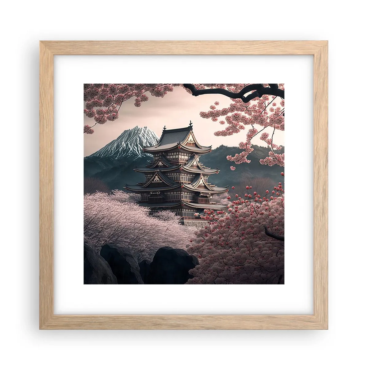 Plakat i ramme af lyst egetræ - Kirsebærblomsternes land - 30x30 cm
