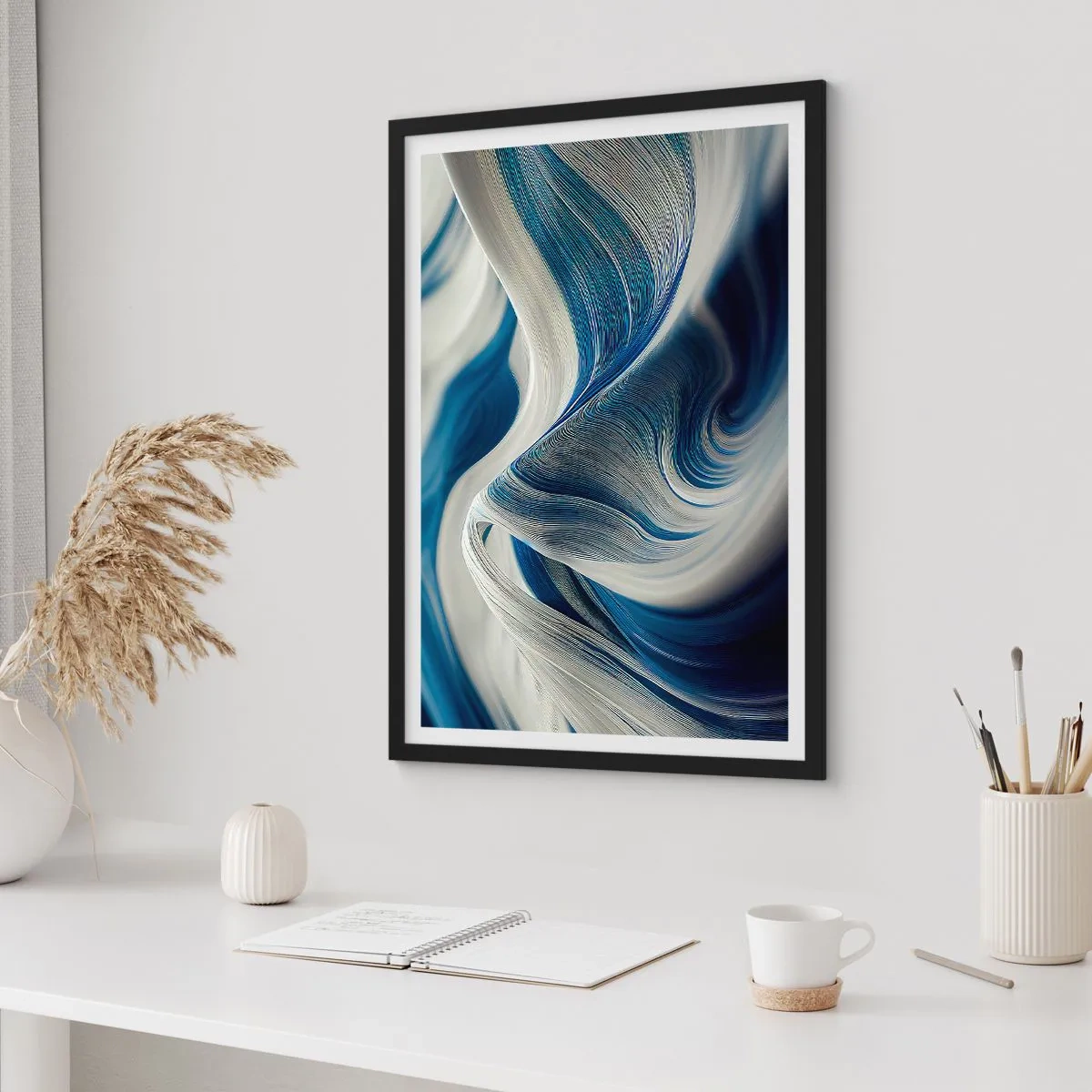 Plakat i sort ramme - Flydende blå og hvide farver - 40x50 cm