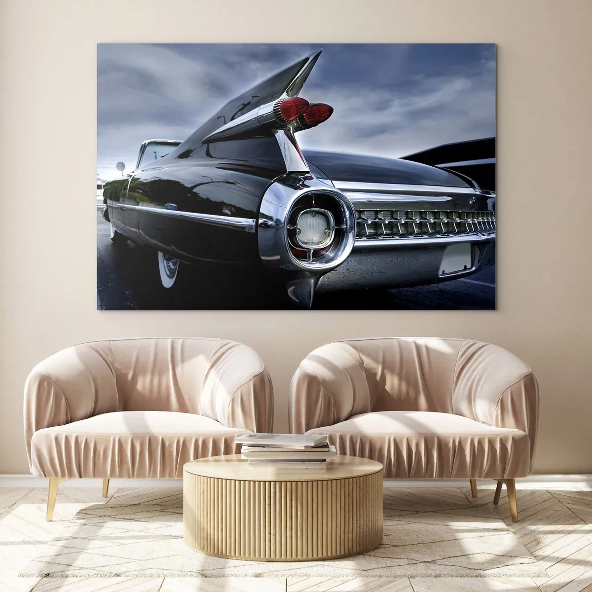 Billede på glas - Stilfulde baglygter til klassiske biler i blank sort lakering - 70x50cm - Det er derfor, den er så smuk! - Moderne vægdekoration til stue og soveværelse ARTTOR