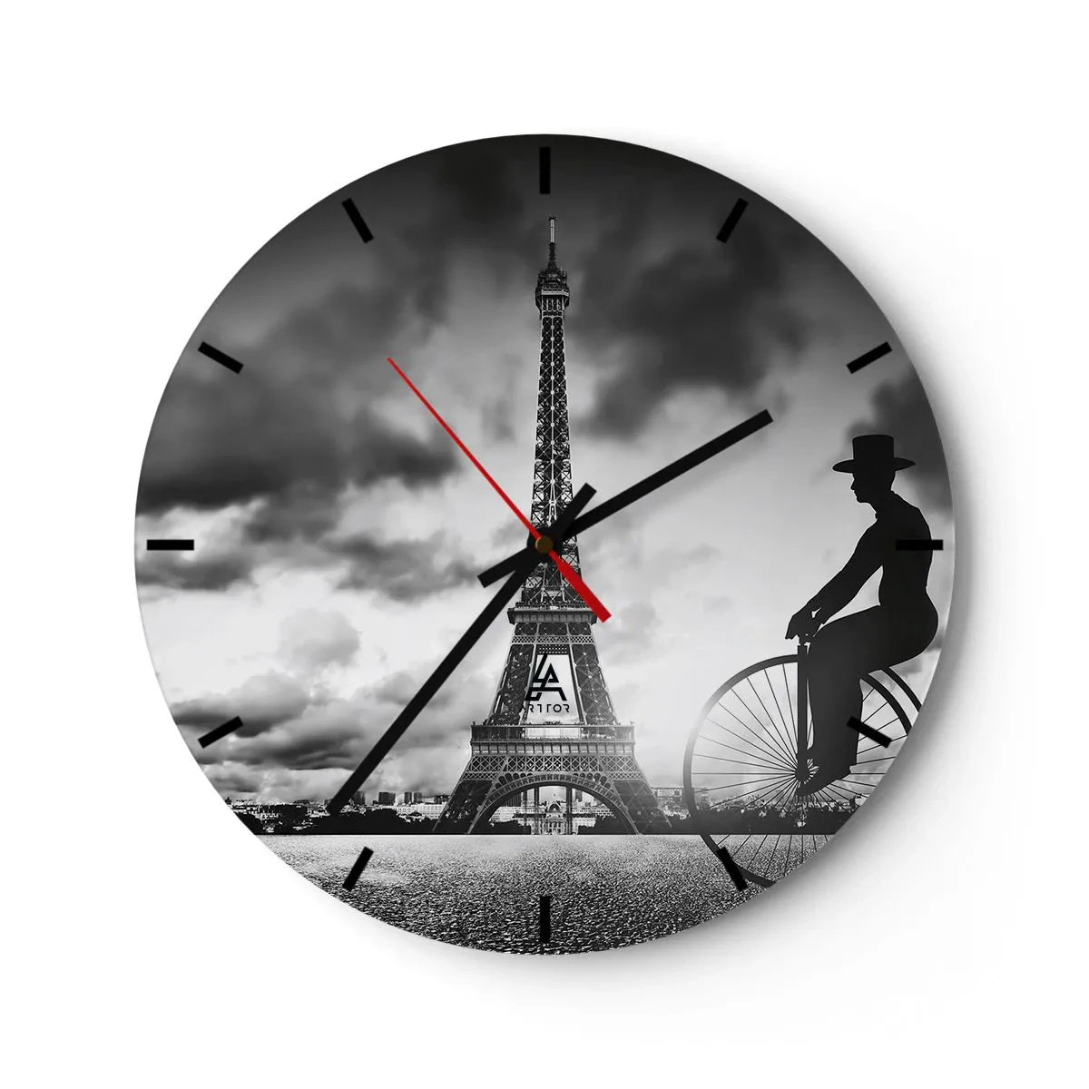 Vægur, Uret - Eiffeltårnet med en cyklist mod en dramatisk himmel - 30x30cm - Længsel efter Belle Epoque - Moderne vægdekoration til stue, køkken og soveværelse ARTTOR