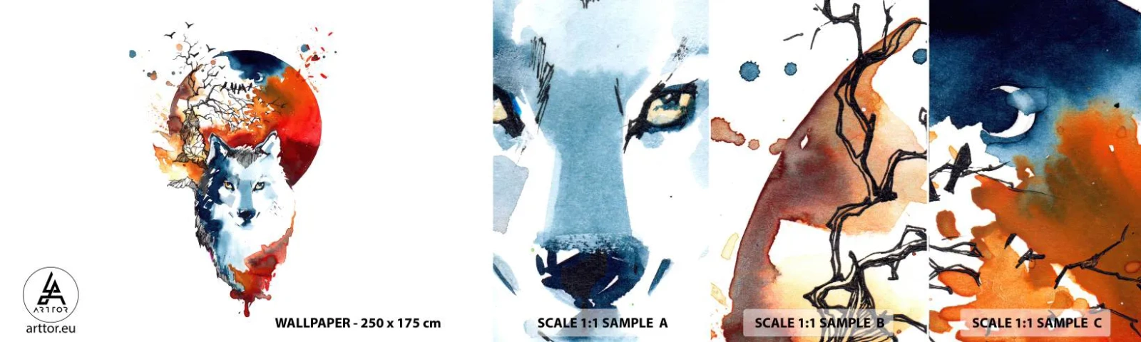 Fototapet Prøve Standard Eco - Næse til næse med natten - Abstraktion, Dyr, Ulv - 100x30 cm