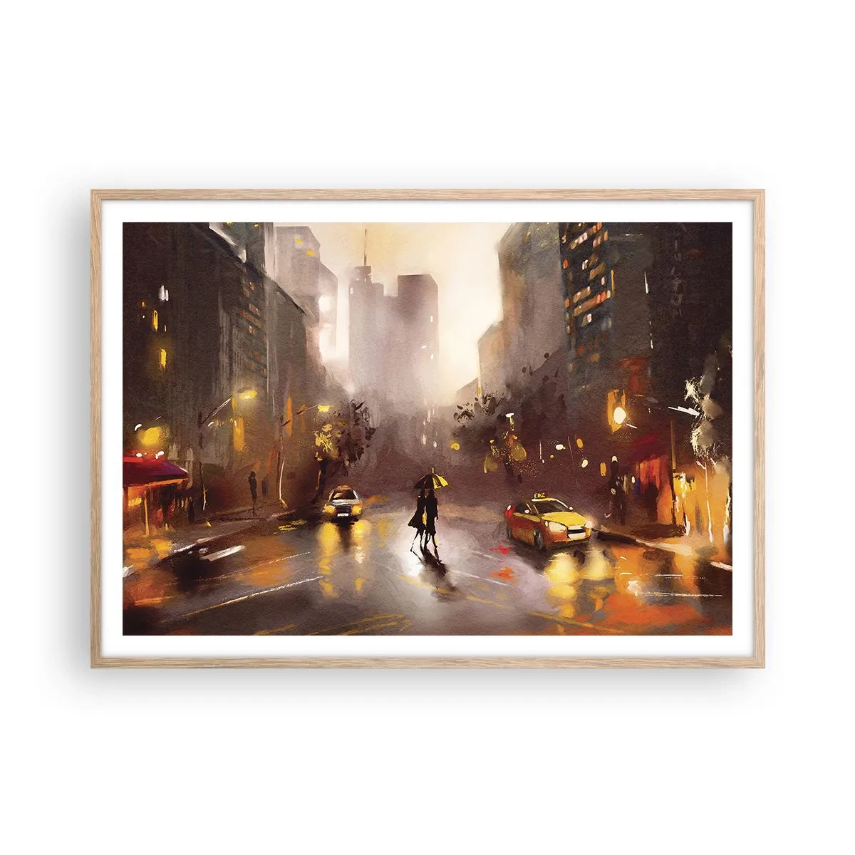 Plakat i ramme af lyst egetræ - Til New Yorks lys - 100x70 cm