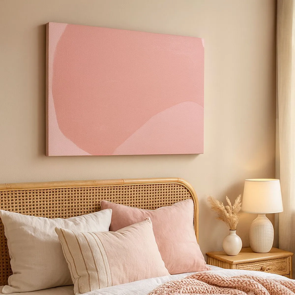 Lærredstryk - Billede på lærred - Delikat abstraktion i lyserøde nuancer, organiske former og minimalisme - 70x50cm - Organisk komposition i pink - Moderne vægdekoration til stue og soveværelse ARTTOR