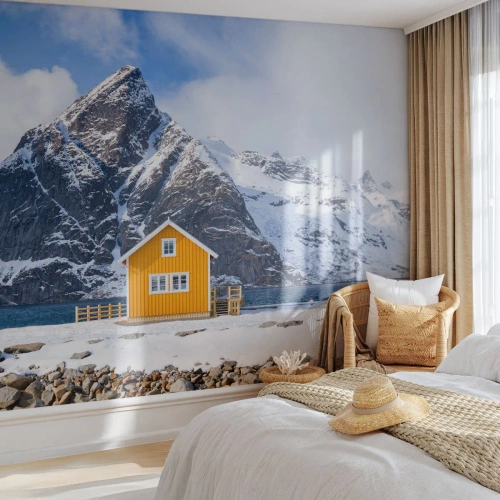 Fototapet Premium Canvas - Skandinavisk ferie - Vinter, Alperne, Bjerge - 200x140 cm