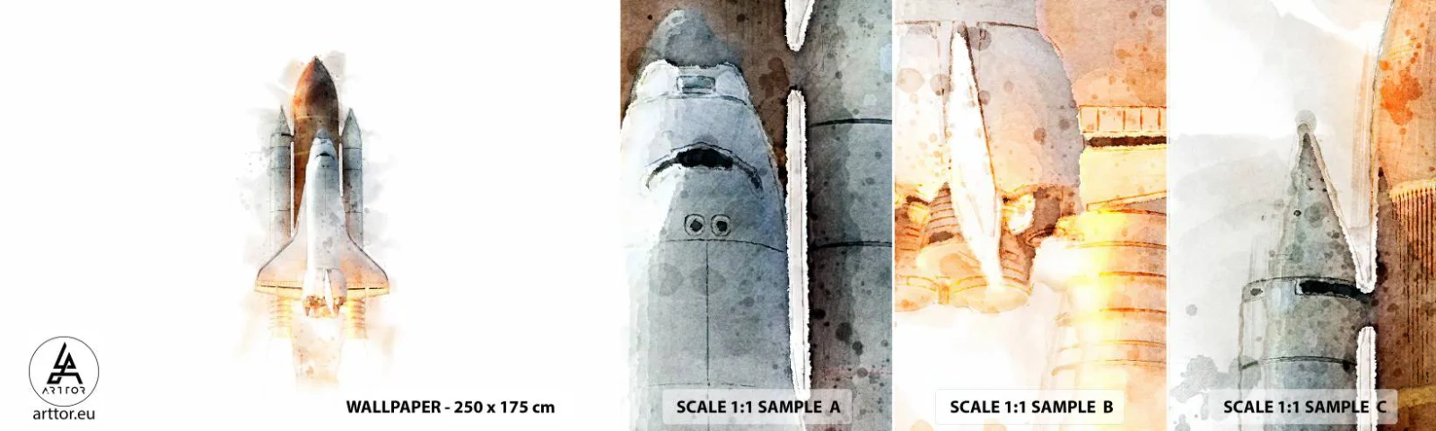 Prøve Fototapet Selvklæbende Deluxe Sticker - Opdagelsesrejsende i starten - En rumraket, Kosmos, Minimalisme - 100x30 cm